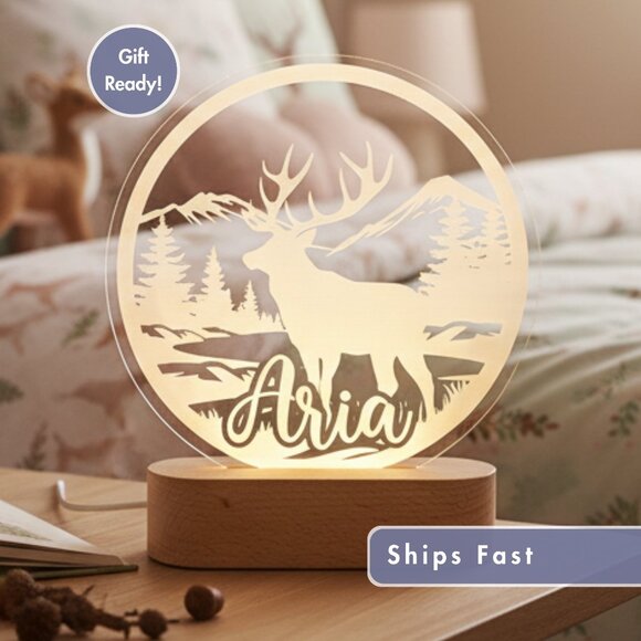 Personalized Deer Night Light – Custom LED Mountain Bedroom Decor - Picture 1 of 8